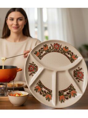 Divided Fondue Plates Vintage Ceramic Colourful European Folk Art Raclette Set 3